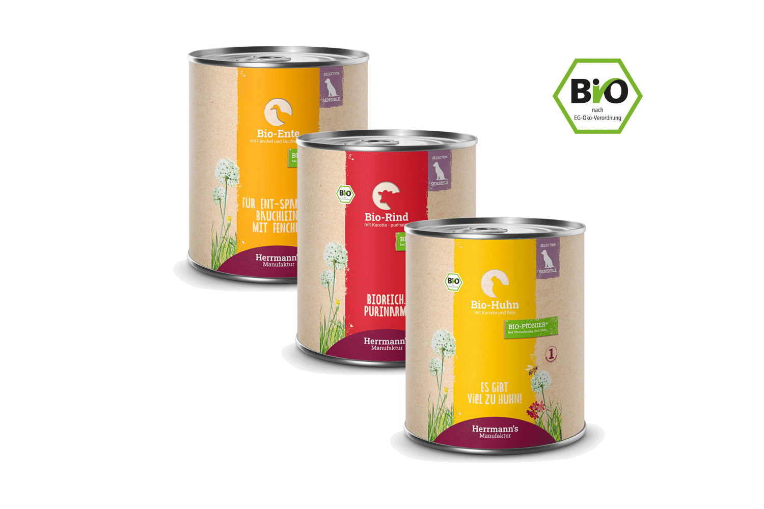 Herrmann's Manufaktur Selection Sensible BIO – Sensitives Bio-Hunde-Nassfutter mit Bio-Huhn, Bio-Ente oder Bio-Rind