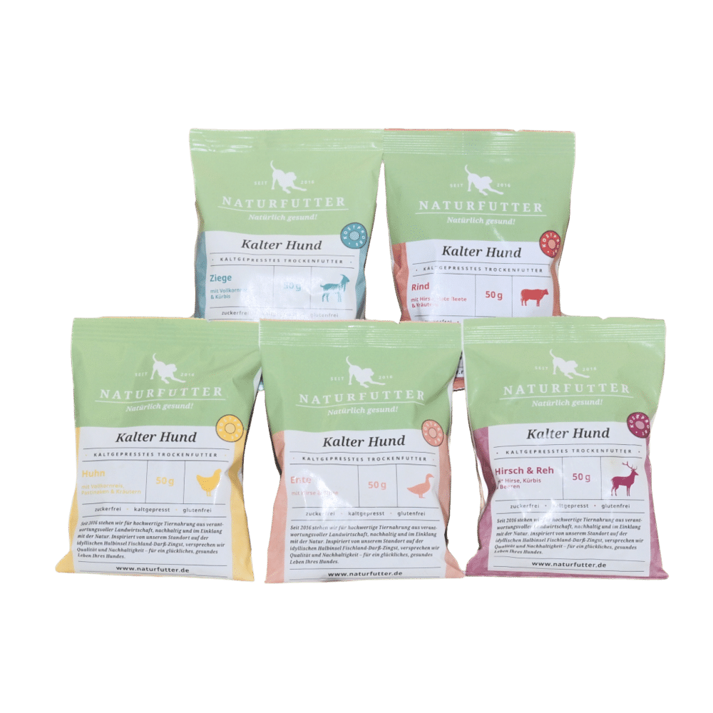 Naturfutter Kalter Hund Probier-Set – 5 × 50 g kaltgepresstes Trockenfutter