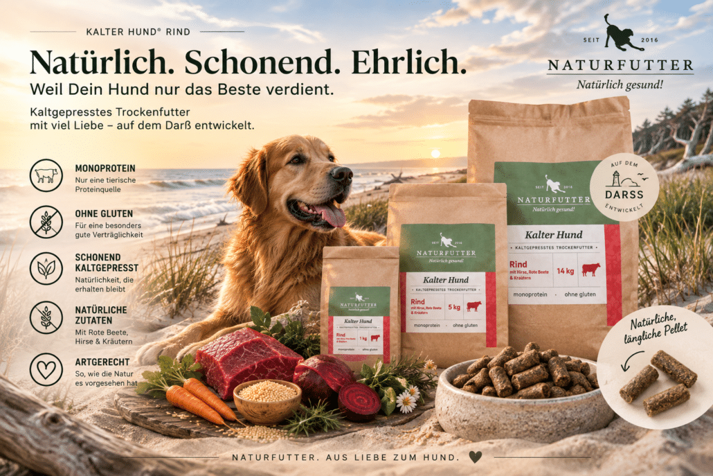 Naturfutter Kalter Hund Rind mit Hirse, Rote Bete & Kräutern – kaltgepresstes Trockenfutter