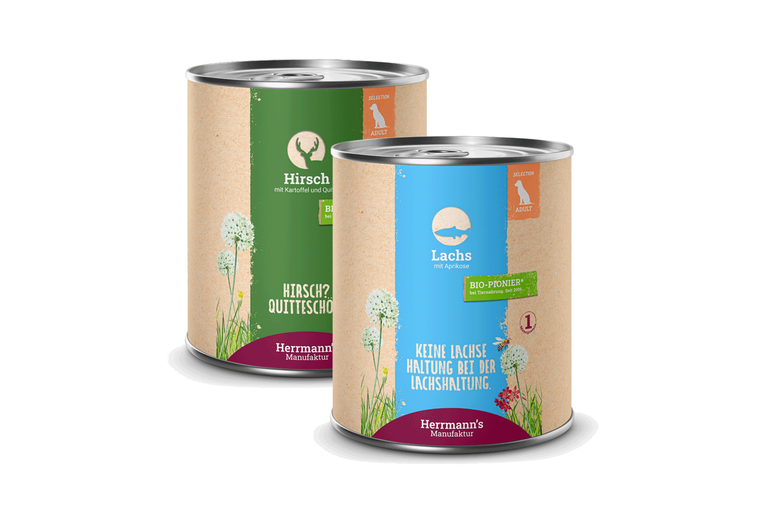 Herrmann's Manufaktur Selection Adult, Hunde-Nassfutter mit Hirsch oder Lachs