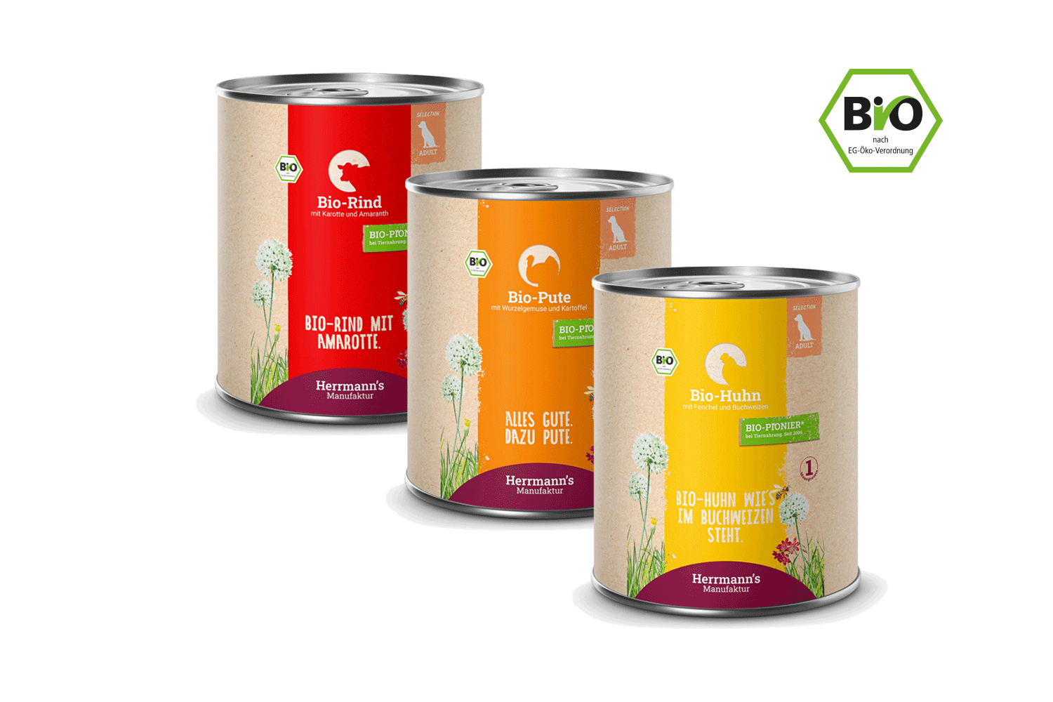 Herrmann's Manufaktur Selection Adult BIO, Bio-Hunde-Nassfutter mit Huhn, Pute oder Rind