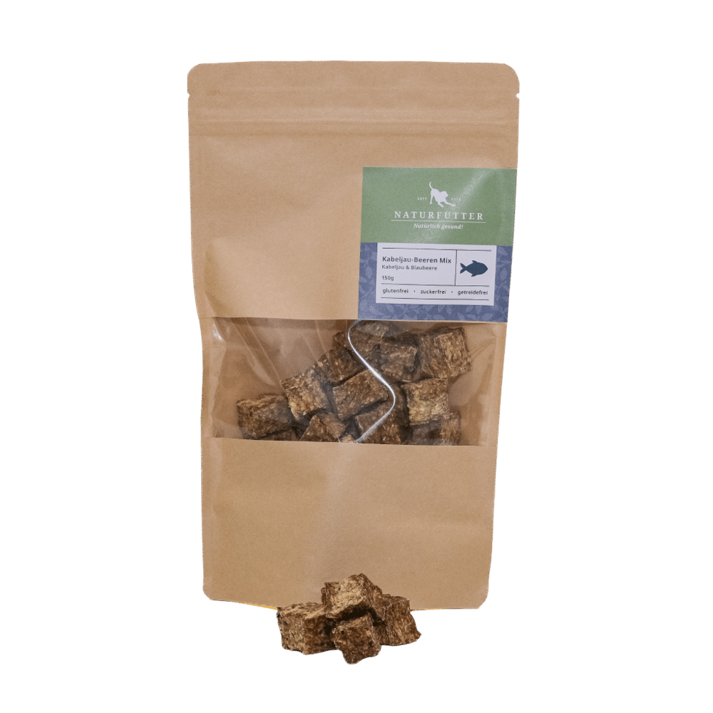 Naturfutter Kabeljau-Beeren Mix – luftgetrockneter Fischsnack für Hunde, 150 g