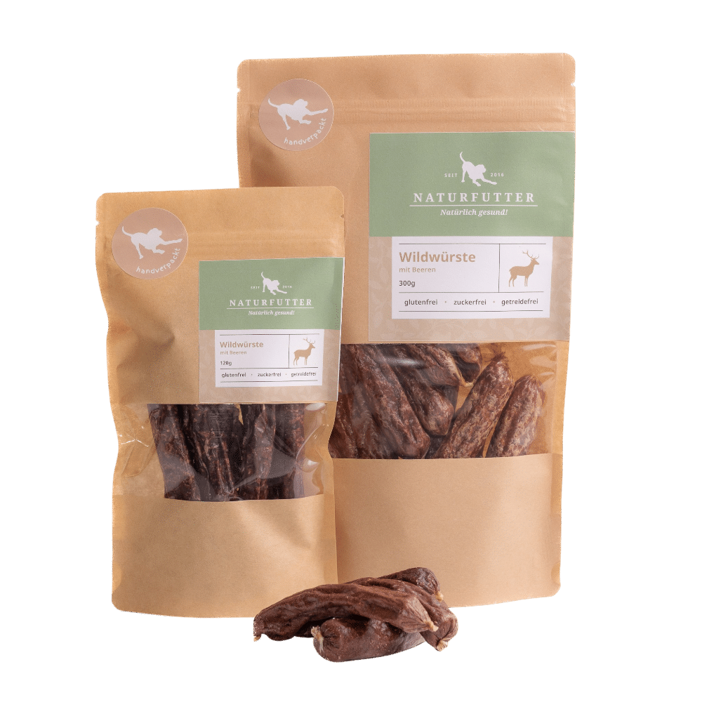 Naturfutter Wildwürste mit Beeren – luftgetrockneter Hundesnack