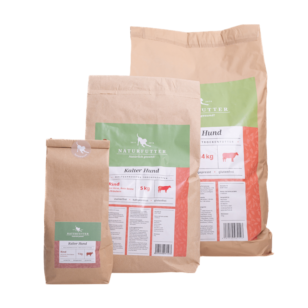 Naturfutter Kalter Hund Rind mit Hirse, Rote Bete & Kräutern – kaltgepresstes Trockenfutter